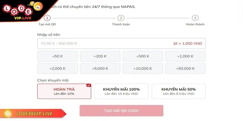 Nạp tiền Lode88 để hòa mình vào không khí cá cược sôi động 1 Cần tạo QR code riêng để quét chuyển tiền